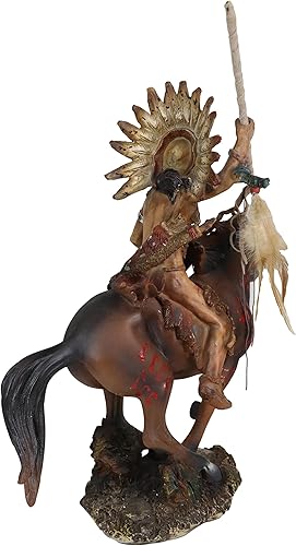 Miniatura 6 de Ebros Tribal Nativo Americano Guerrero jefe indio con gorro de guerra tocado de águila cargando en caballo, estatua de lanza lanzando caballo, 13.25