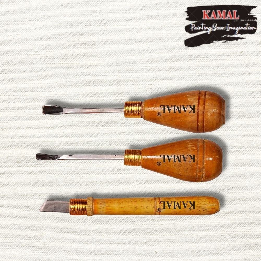 KAMAL Lino Woodhandle Carving Cutter Tool Set of 3 for Lino Cutting, Linograph Print Making Stamp, Great Cutters for Rubber Stamps, DIY Carving, Blocks and Sculpting. 2
