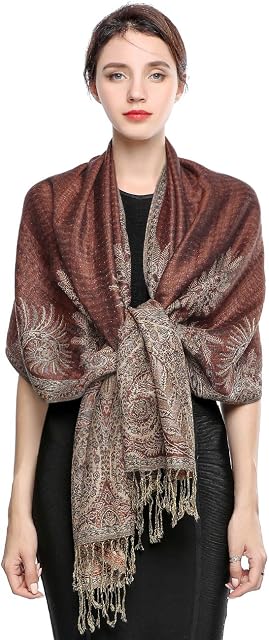 Pashmina Scarf Women Luxury Reversible Shawl Paisley Wrap Blanket Scarves with Fringes 78.5'' X 27.5''(Red Brown)