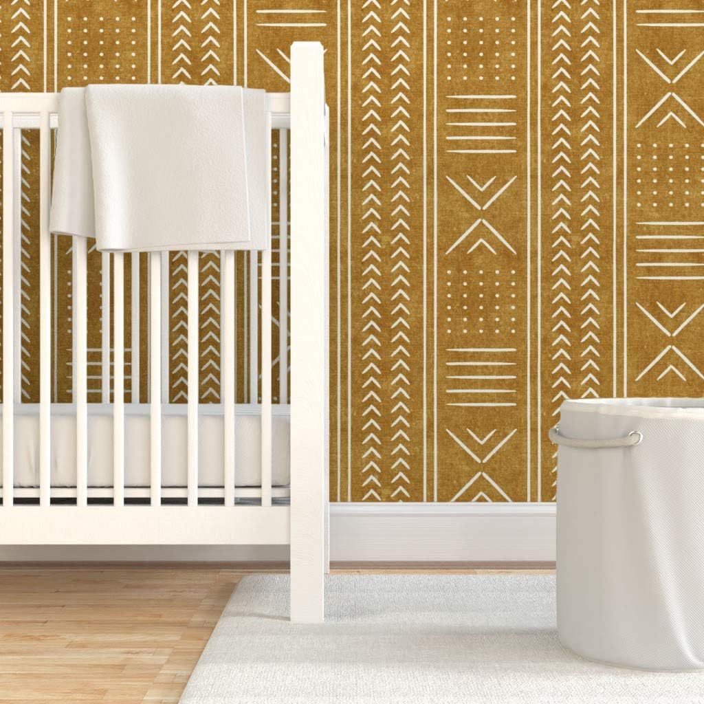 Removable Wallpaper Swatch - Mustard Mud Cloth Arrow Cross Dot Mudcloth Boho Stripe Rustic Bohemian Custom Pre-Pasted Wallpaper by Spoonflower