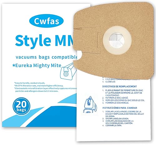 Paquete de 20 bolsas de vacío estilo MM para aspiradoras Eureka Mighty Mite serie 3670 y 3680, sustituye a las bolsas de vacío 60295, 60295A, 60297A