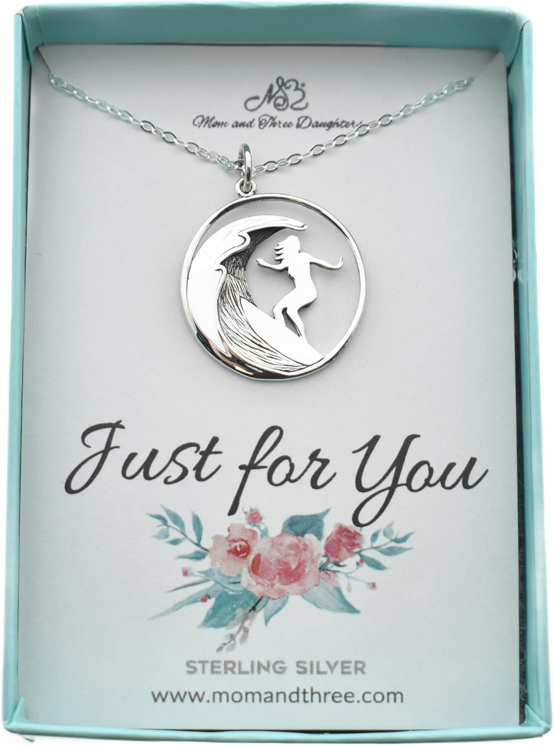 MOM & THREE DAUGHTERS Surfer Necklace in Sterling Silver | 18" Chain | 26mm x 20mm Charm | Surf Girl Pendant