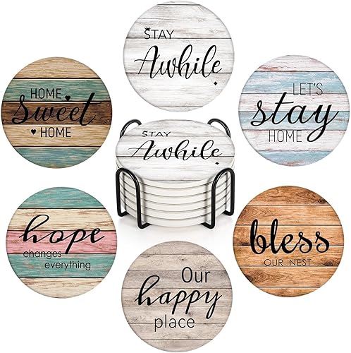 Miniatura 9 de Britimes Juego de 6 posavasos para bebidas, mesa de madera vieja blanca, absorbente, redonda, cerámica, con base de corcho y soporte de metal, Retro