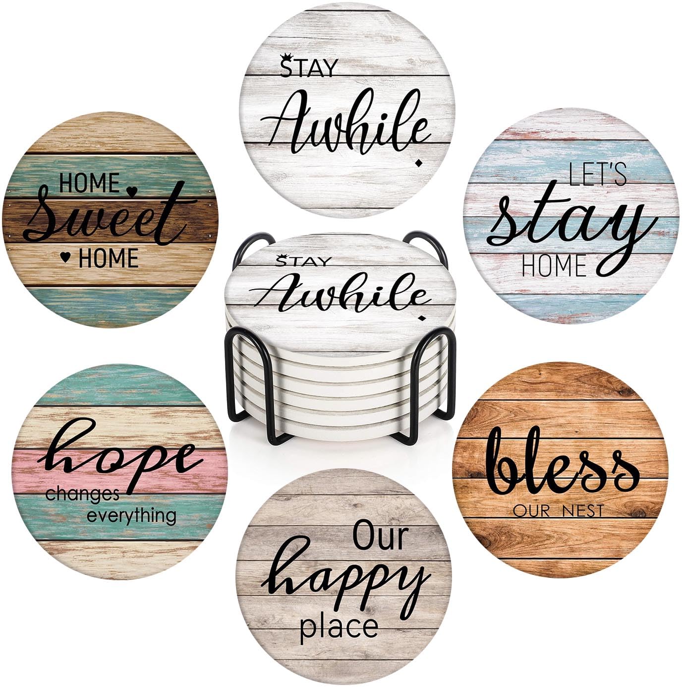 Britimes Coaster for Drinks Set of 6, Wooden Planks Wood Paint Table Absorbent Round Ceramic Stone Mat, with Cork Base and Metal Holder, Gift for