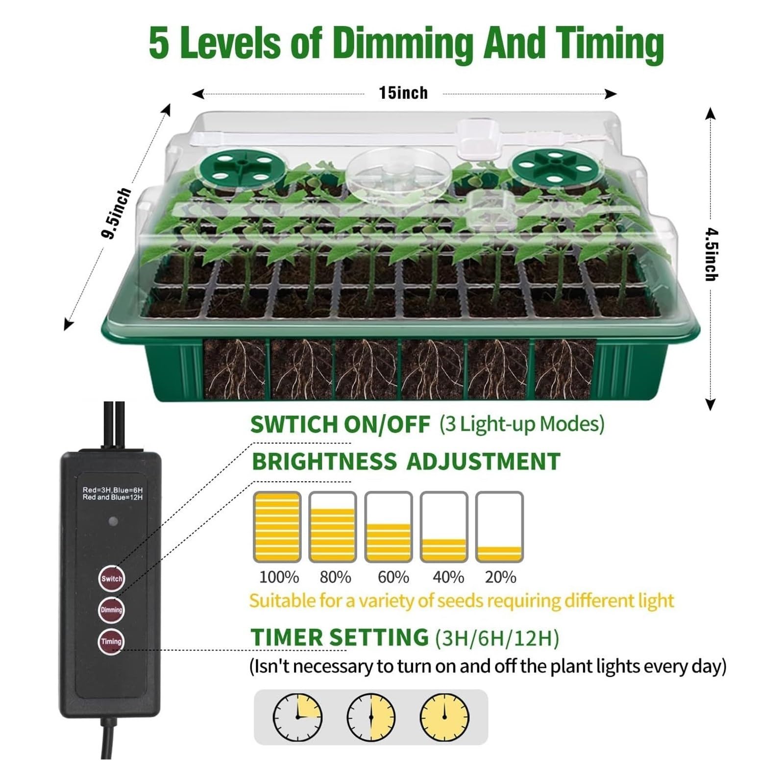 Grow Light, 2 paquetes de bandejas de inicio de semillas con kit de germinación de cúpula alta: 80 celdas, 4 luces LED de cultivo, temporizador inteligente y 3 modos for jardinería doméstica(Red blue