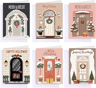 48 Sets Christmas Door Cards with Envelopes Bulk Happy Holiday Greeting Cards Festive Winter Illustrated Postcards, 4 x 6 Inch, 6 Modern Seasonal Designs for Home Decoration Mail