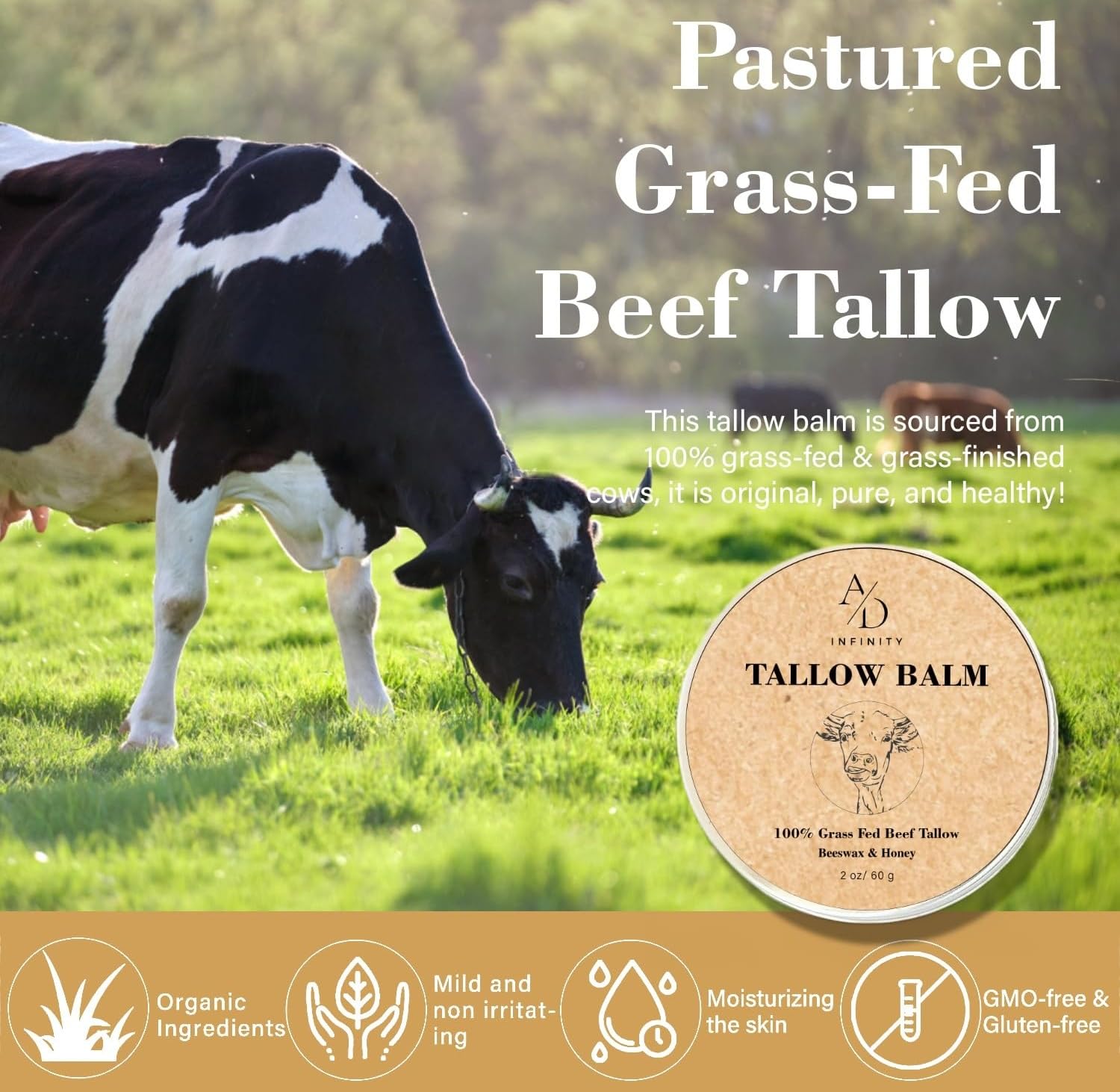 Beef Tallow for Skin - 100% Organic Pure Grass Fed, Honey Balm All-Natural Face Moisturizer with Beeswax and Raw Wild Honey Blend, Whipped Cream