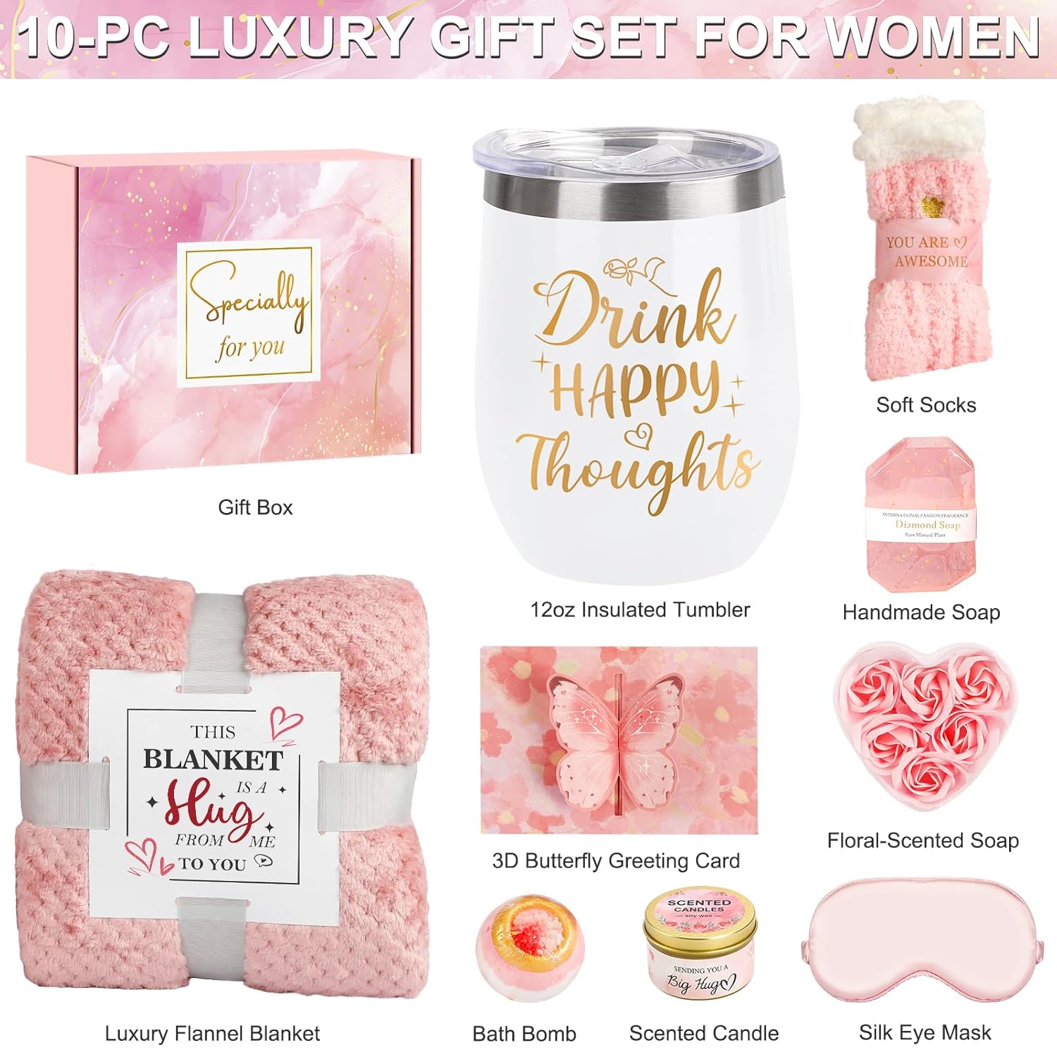 Valentines Day Gifts for Women Birthday Gifts for Her, Unique Self Care Package Get Well Soon Basket Rose Relaxing Spa Kit with Flannel Blanket Tumbler, Happy Christmas Box for Friend Mom Sister Wife - Image 2