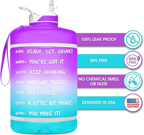 Miniatura 2 de HydroMATE Botella de agua de 1 galón con mensaje motivacional y marcador de tiempo con popote y asa grande, reutilizable, sin BPA, a prueba de