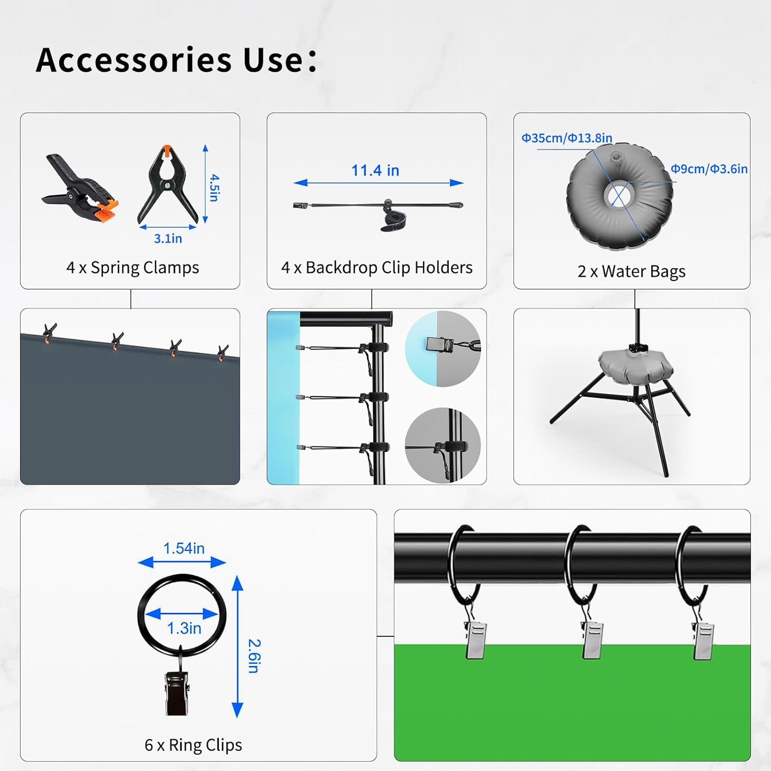 10x9ft Joinable Backdrop Stand Kit(Green Screen not Included),Photo Studio Background Support with 2 Tripods,6 Clips,4 Crossbars,4 Clamps,Water Bags,Carry Bag for Photography/Parties/Decorations