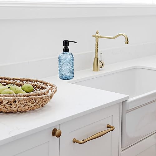 Miniatura 4 de Dispensador de jabón de vidrio de 16 onzas con cabezal de bomba de bronce cepillado vintage de acero inoxidable, dispensador de jabón con patrón de