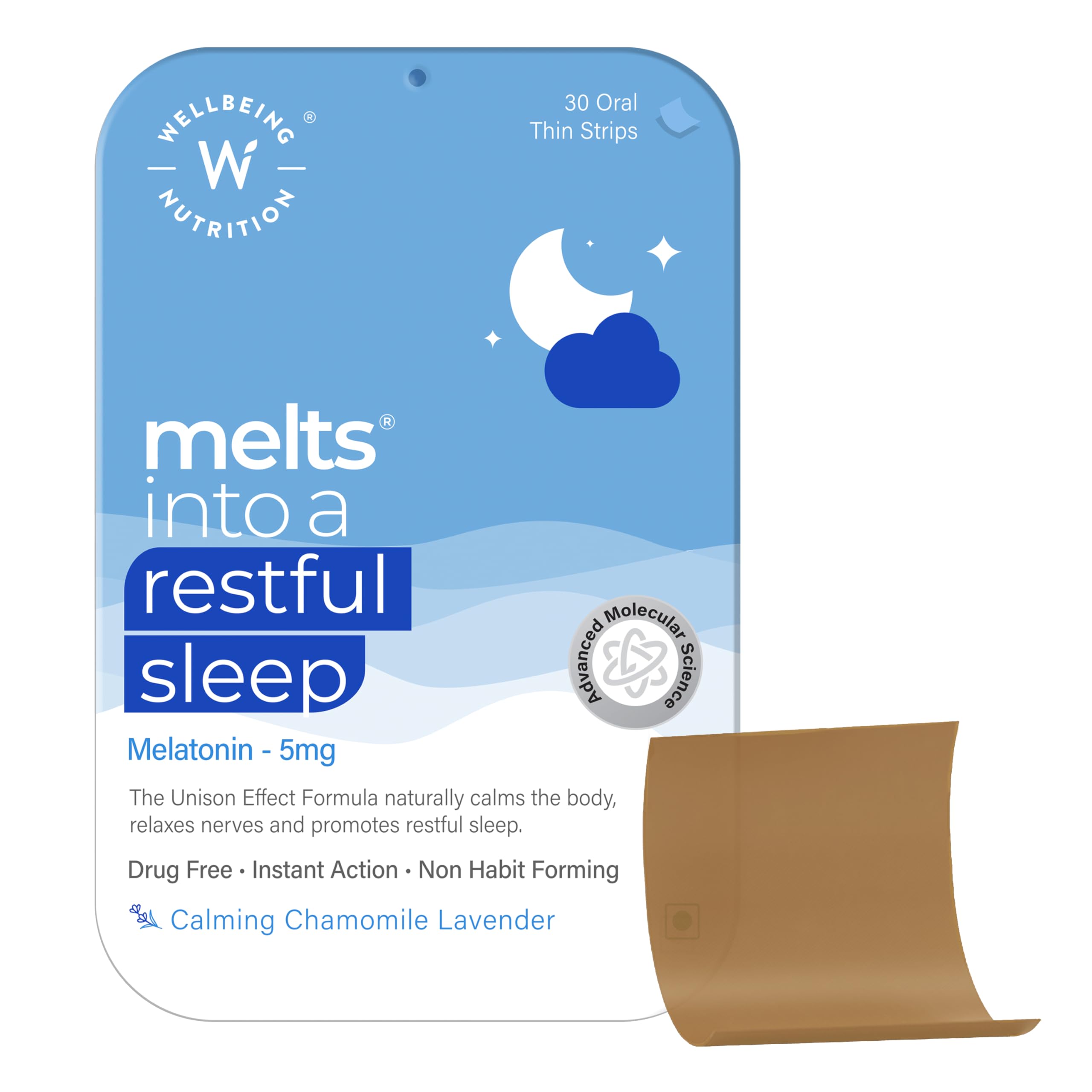 Wellbeing Nutrition Melts Restful Sleep Aid | Plant-Based Melatonin 5mg, Chamomile, Tagara, L-Theanine for Deep Sleep | Clinically Proven, Safe & Non-Addictive Sleep Aid, 30 Oral Strips