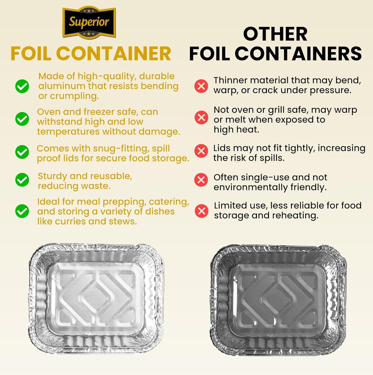 Superior Lot de 50 récipients en aluminium avec couvercles – 0,5 L – Plateaux alimentaires pour la préparation des repas, plateaux en aluminium pour la cuisson, le rôtissage, les plats à emporter et