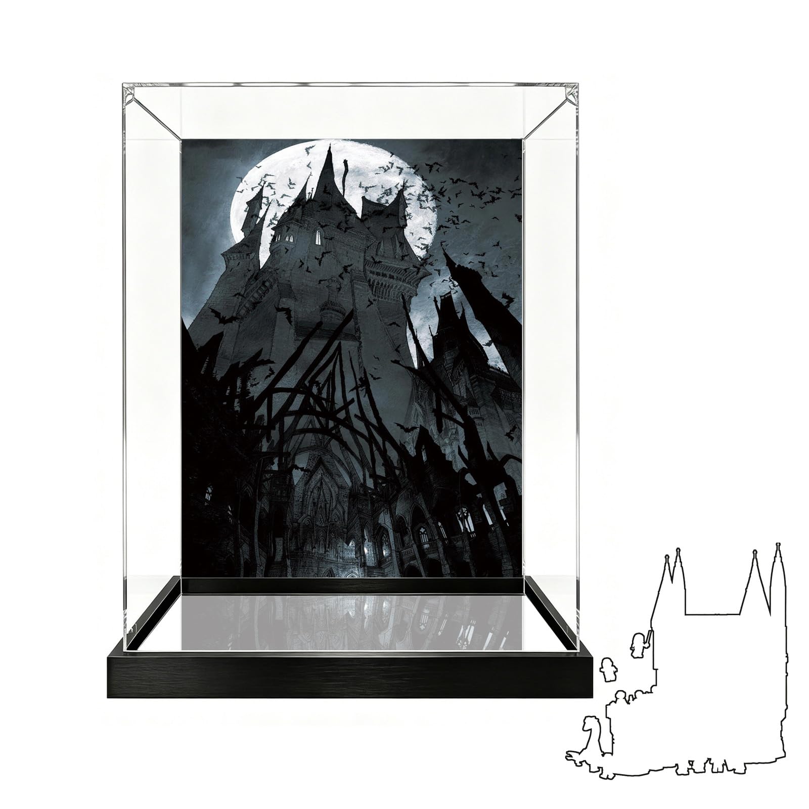 Acrylic Display Case Compatible with Lego 76473 Castle East Wing Model, Dustproof Transparent Storage Box, Compatible with Lego 76473 (Model Not Included) (Mirror Base+Background 2)