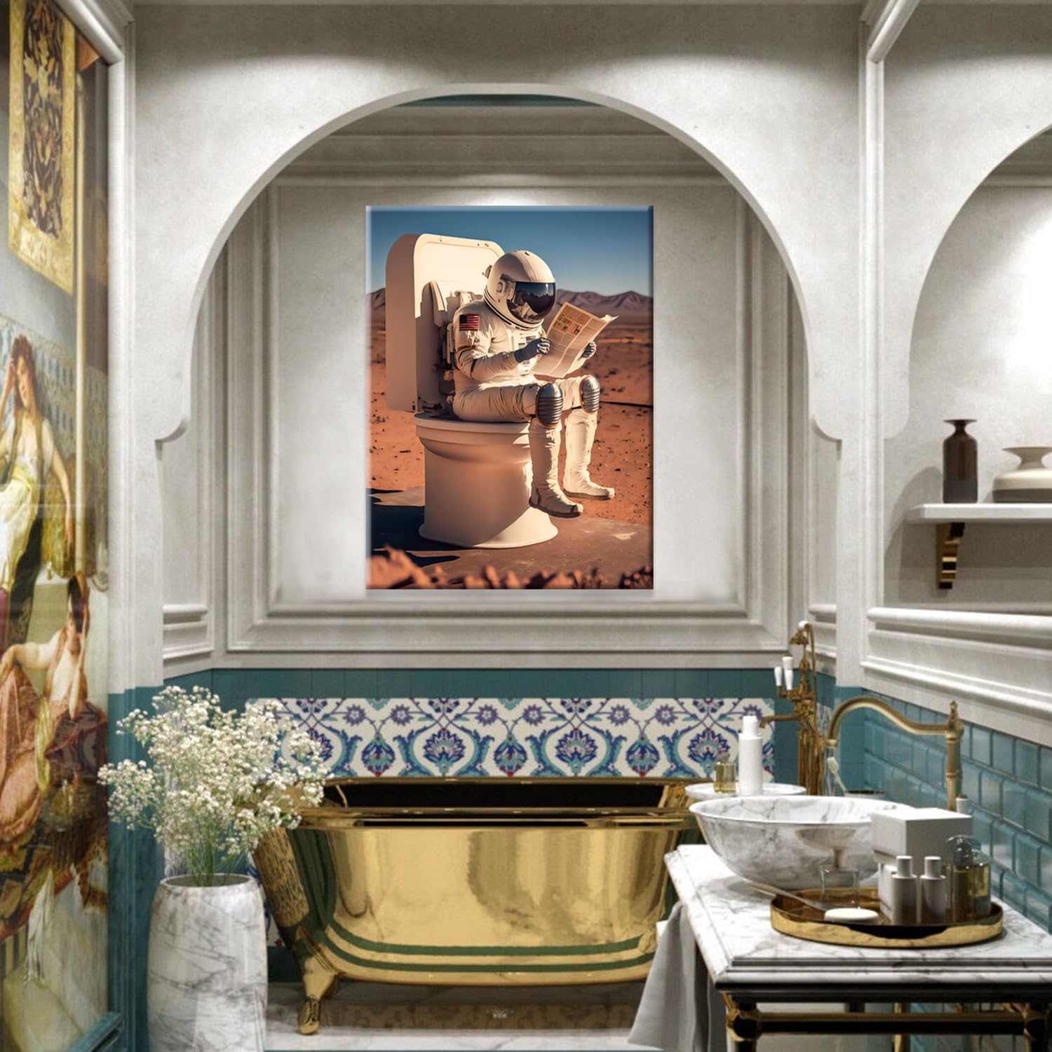 Framed Astronaut Wall Art Space Culture Painting Pictures Wall Decor Colorful Funny Astronauts On The Toilet Canvas Artwork Space Boys Room Home Decor For Bedroom Living Room Office 16X24 Inch