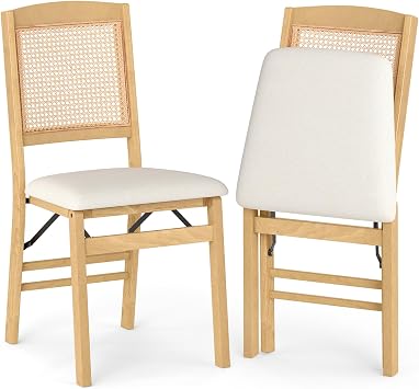 KOTEK Folding Dining Chairs Set of 2, Wooden Kitchen Chairs with Padded Seat & Rattan Backrest, Foldable Armless Side Chairs for Dining Room, Living Room Natural & Beige