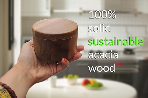 Miniatura 5 de Cookbook People Soporte para caja de sal de madera de acacia pizca de sal en la tapa giratoria magnética