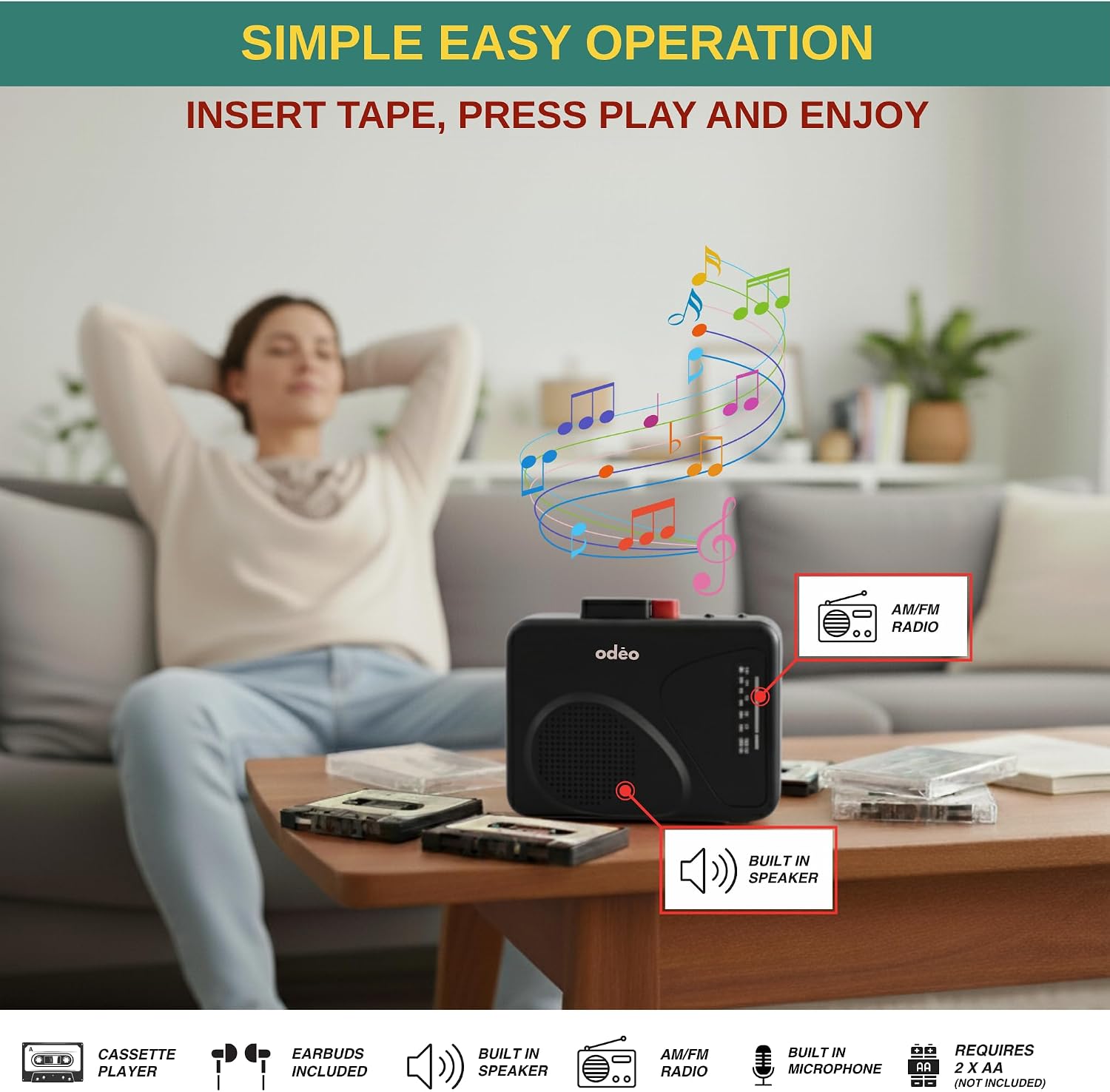Cassette Tape Player | Portable Battery Operated | Radios Portable AM FM with Built-in Speaker, Tape Voice Recorder, VAS, Aux In Port | Includes Wired Earbuds for Music and Travel image 4