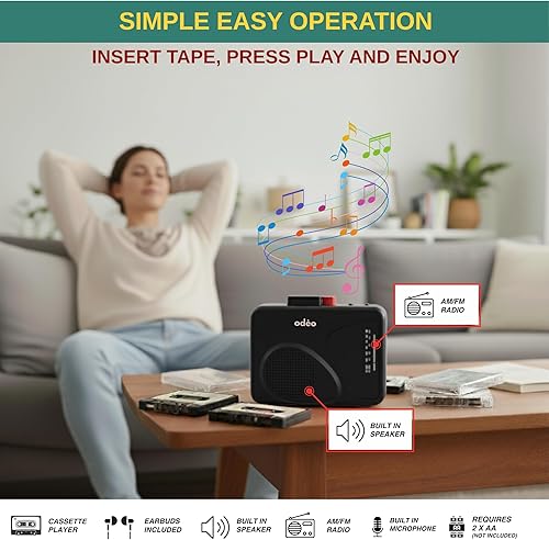 Miniatura 4 de Reproductor de cinta de casete Funciona con pilas portátiles Radios portátiles AM FM con altavoz integrado, grabadora de voz de cinta, VAS, BLACK