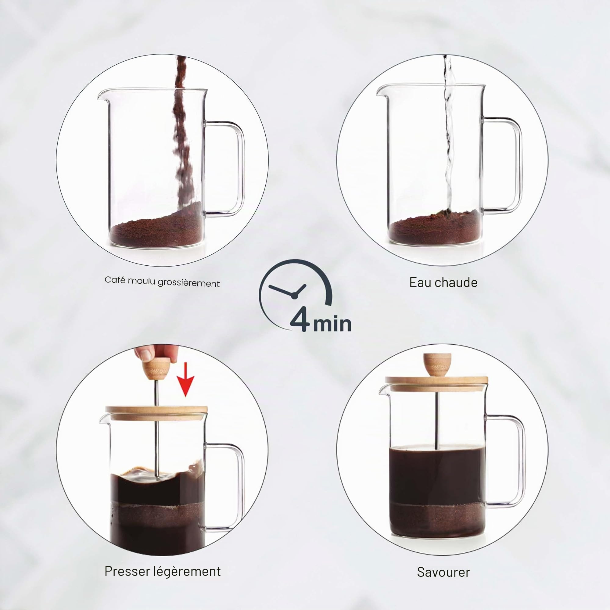 Lacor - Cafetière française, presse café, Cafetière presse avec mbole, Carafe française pour Café Filtre, 3 tasses, 0,35 L, acier et bois, 62163