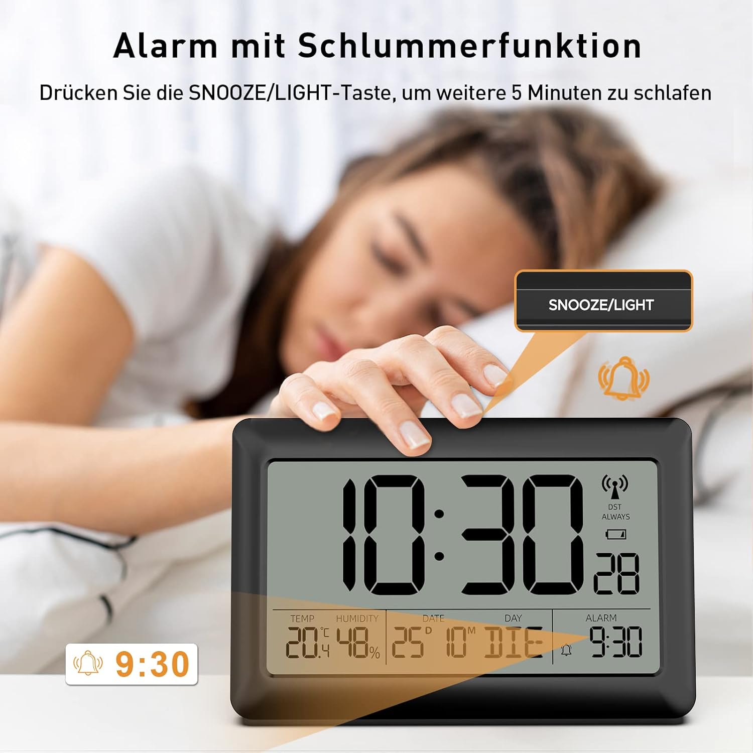 Image of a person pressing the SNOOZE/LIGHT button on the LATEC Digital Wall Clock to activate the snooze function, with the alarm time 9:30 displayed.