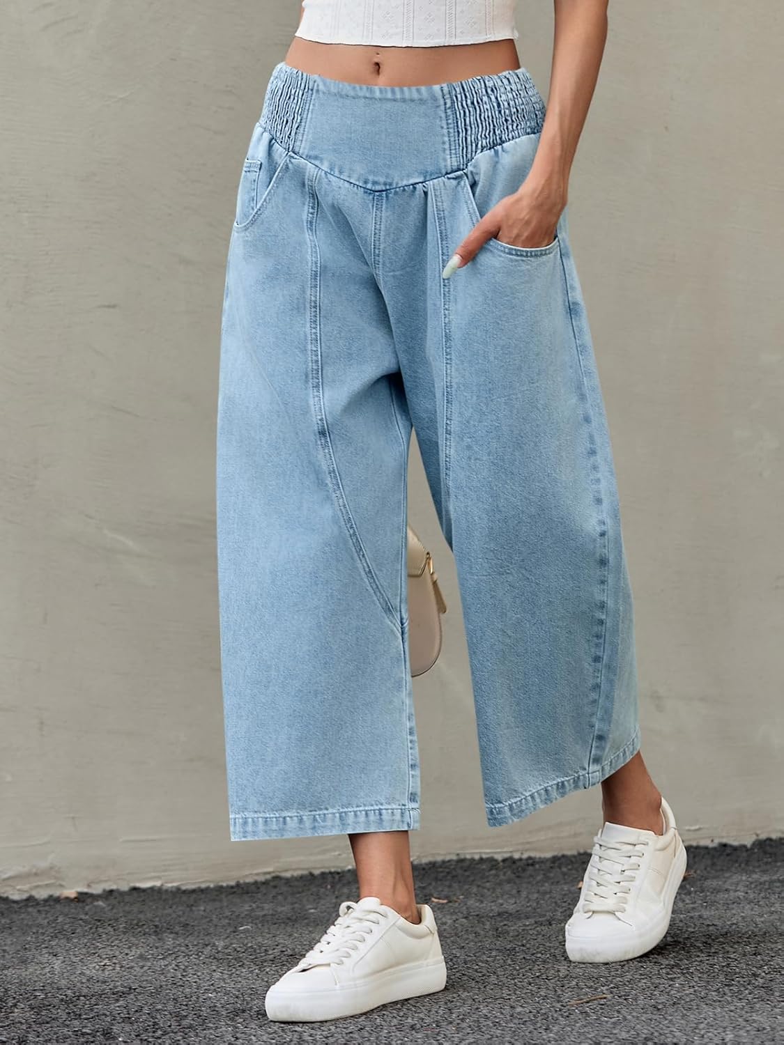 Cicy Bell Womens Wide Leg Cropped Jeans Baggy Boyfriend Smocked Mid Rise Harem Denim Pants - Image 2