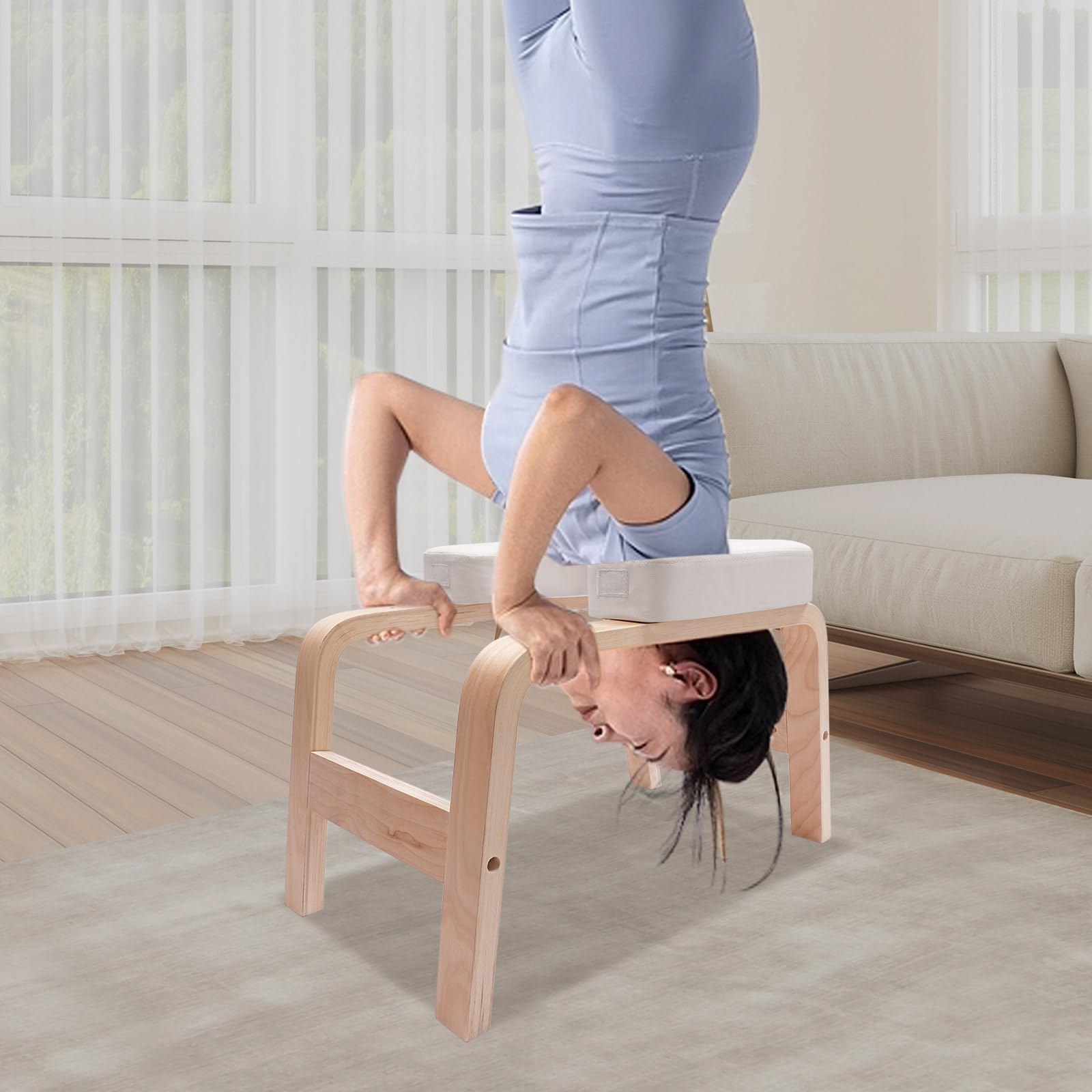 Panca da yoga in legno massello e poliuretano, portata 200 kg, multifunzione con blocco a T per posizione di mano e inversa, facile da montare (bianco)