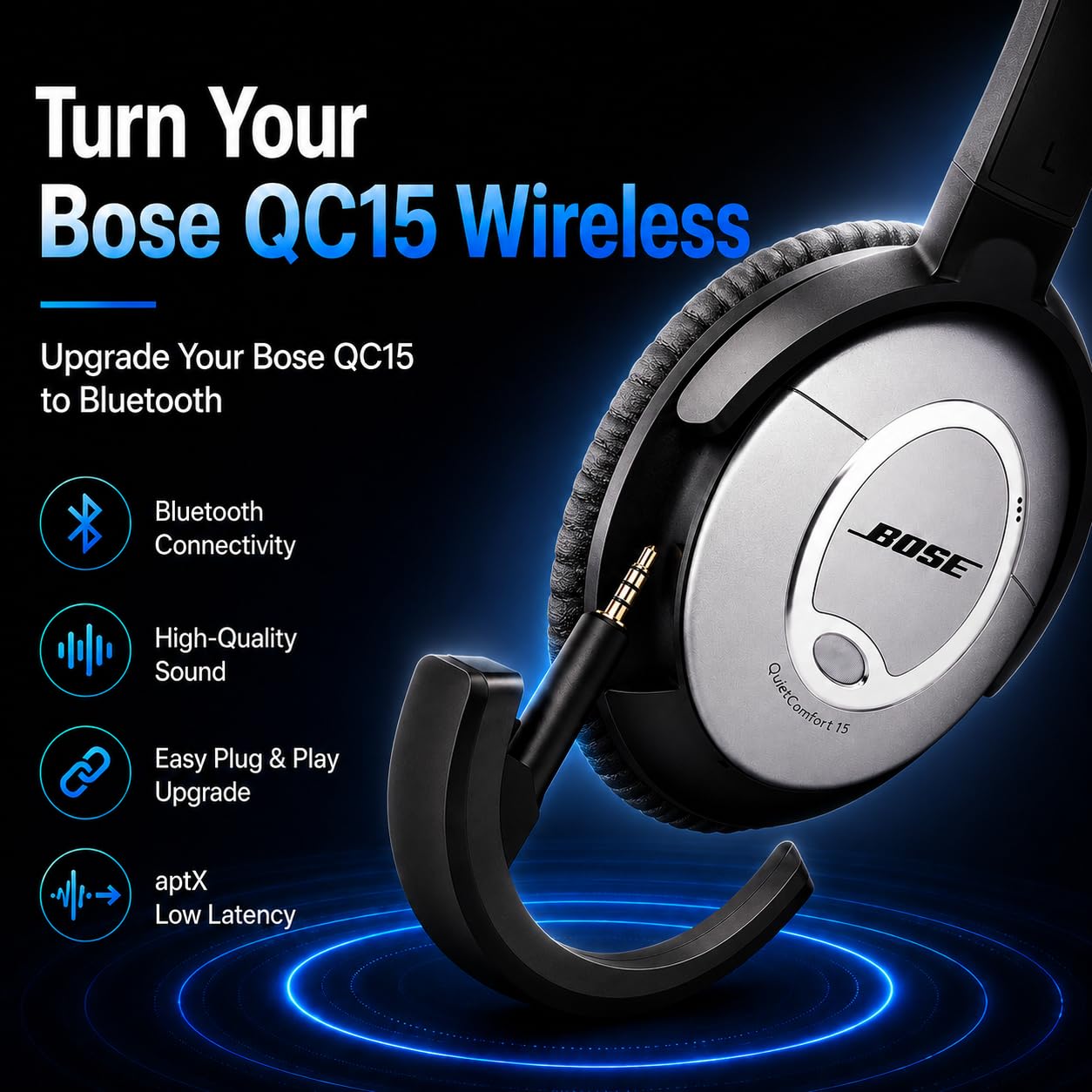 aptX - Adaptador inalámbrico Bluetooth 5.0 para Bose QuietComfort QC 15 con micrófono/Control de Volumen, Color Negro