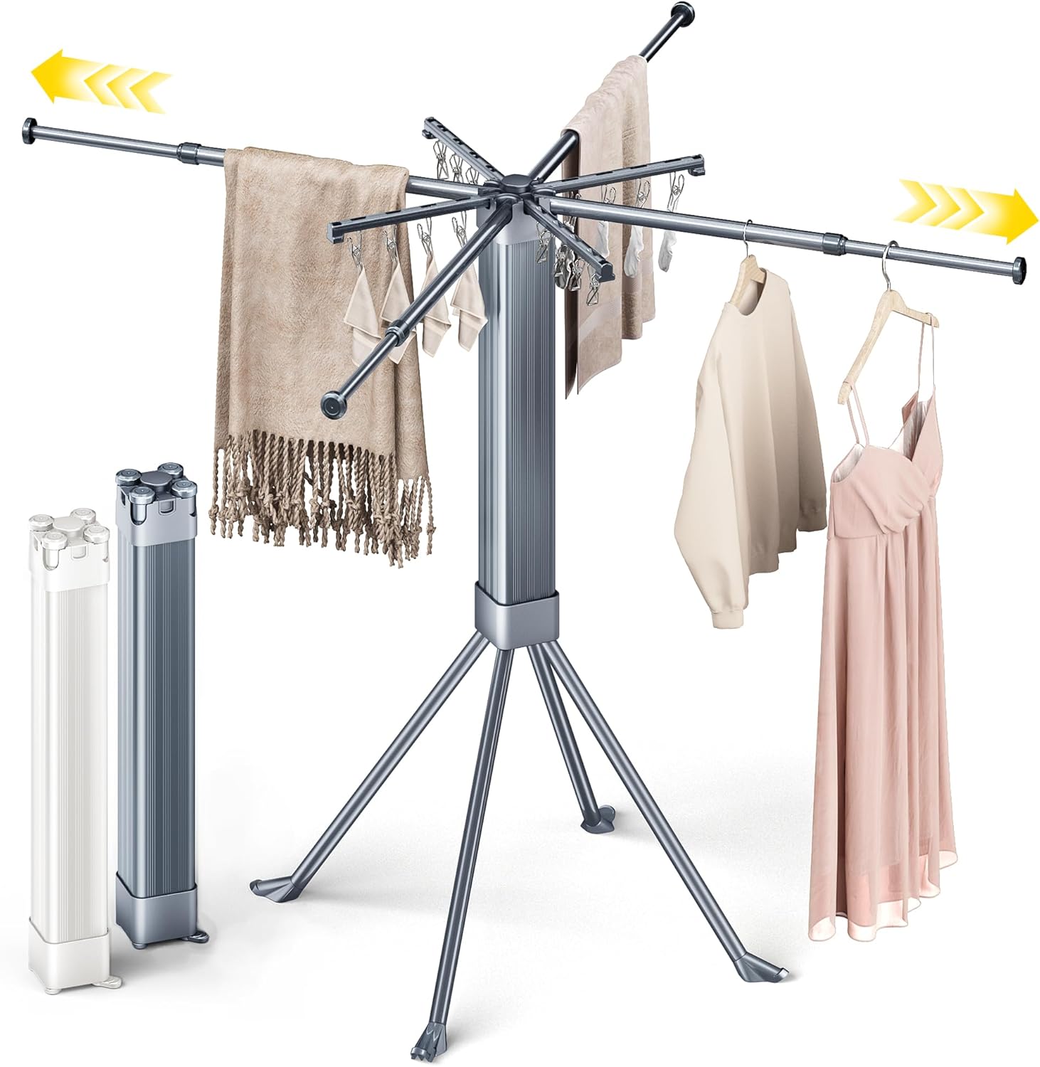 BIREN Clothes Drying Rack Foldable Extending Laundry Rack with 16 Clips Collapsible Clothing Rack Space-Saving Clothing Racks for Hanging Clothes, Indoor, Camping, Balcony, Outdoor Gray