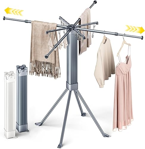 BIREN Tendedero de Ropa Plegable Extensible Tendedero de Lavandería con 16 Clips Tendedero de Ropa Plegable que Ahorra Espacio para Colgar Ropa,