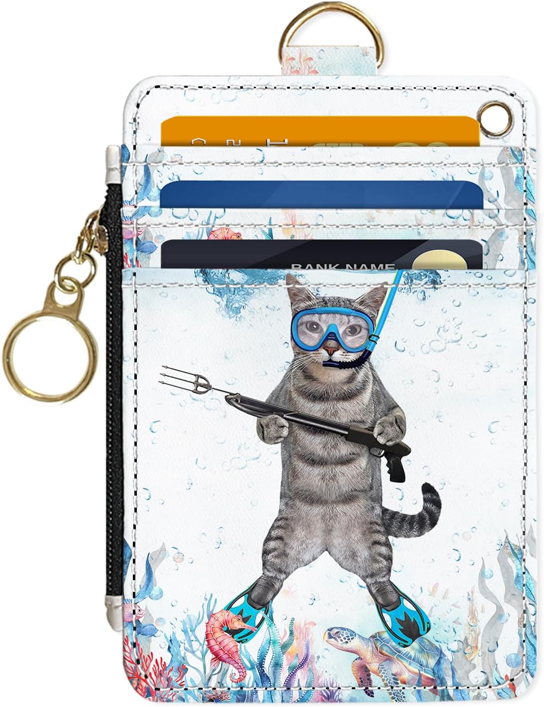 Slim Wallet Credit Card Holder, Cat in the water, RFID Wallet Women Cute Small Front Pocket Wallet With Zipper, PU Leather Thin travel RFID Blocking Card Case ID Window,Ladies Gift