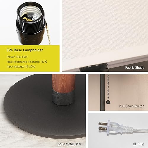 Miniatura 7 de 21" Modern Bedside Lamp Mid Century Table Lamp, Pull Chain Nightstand Lamp for Bedroom Living Room 3-Color Light, Solid WoodMetalFabric for