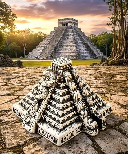 Chichen Itza Mayan Pyramid Replica with Serpents, Mexico Souvenir Figurine, Decorative Aztec Temple Statue