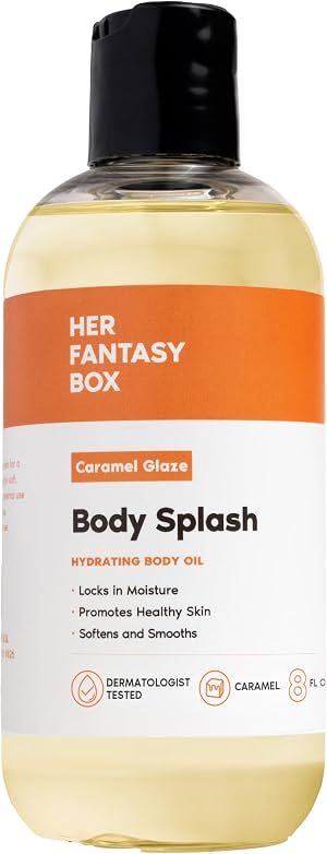 Her Fantasy Box | Splash Corporal Aceite de Fragancia Caramel Glaze – Aroma Goloso de Caramelo Cálido y Vainilla, Aceite Corporal Hidratante Ligero, Vegano y Libre de Crueldad, 8 Fl Oz (Paquete de 1)