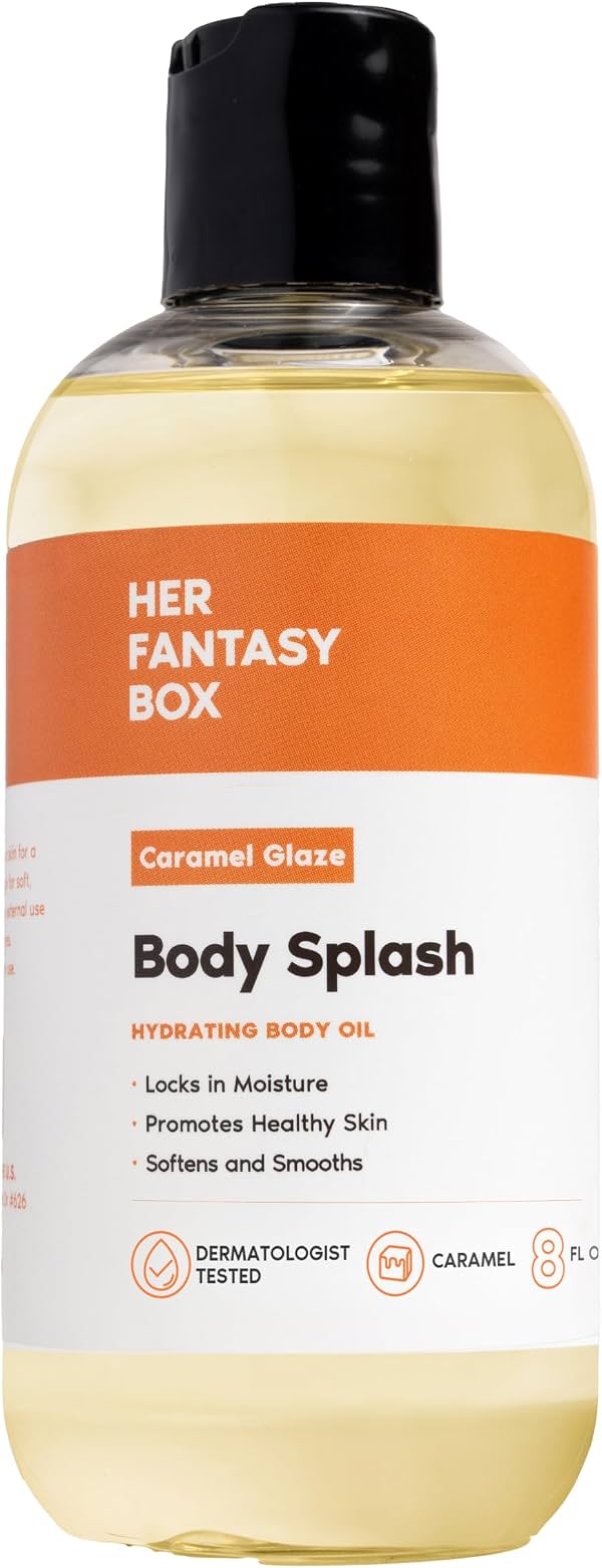 Her Fantasy Box | Splash Corporal Aceite de Fragancia Caramel Glaze – Aroma Goloso de Caramelo Cálido y Vainilla, Aceite Corporal Hidratante Ligero, Vegano y Libre de Crueldad, 8 Fl Oz (Paquete de 1)