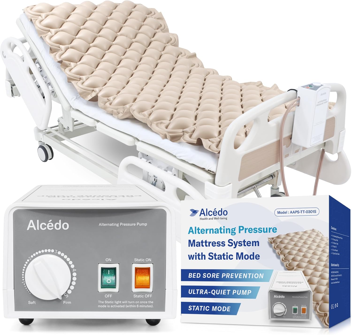 Alcedo Alternating Air Pressure Mattress Pad with Static Mode for Bed Sore and Ulcer Prevention, Hospital & Home Use Medical Mattress for Bedridden Patient, Adjustable Ultra Quiet & Waterproof