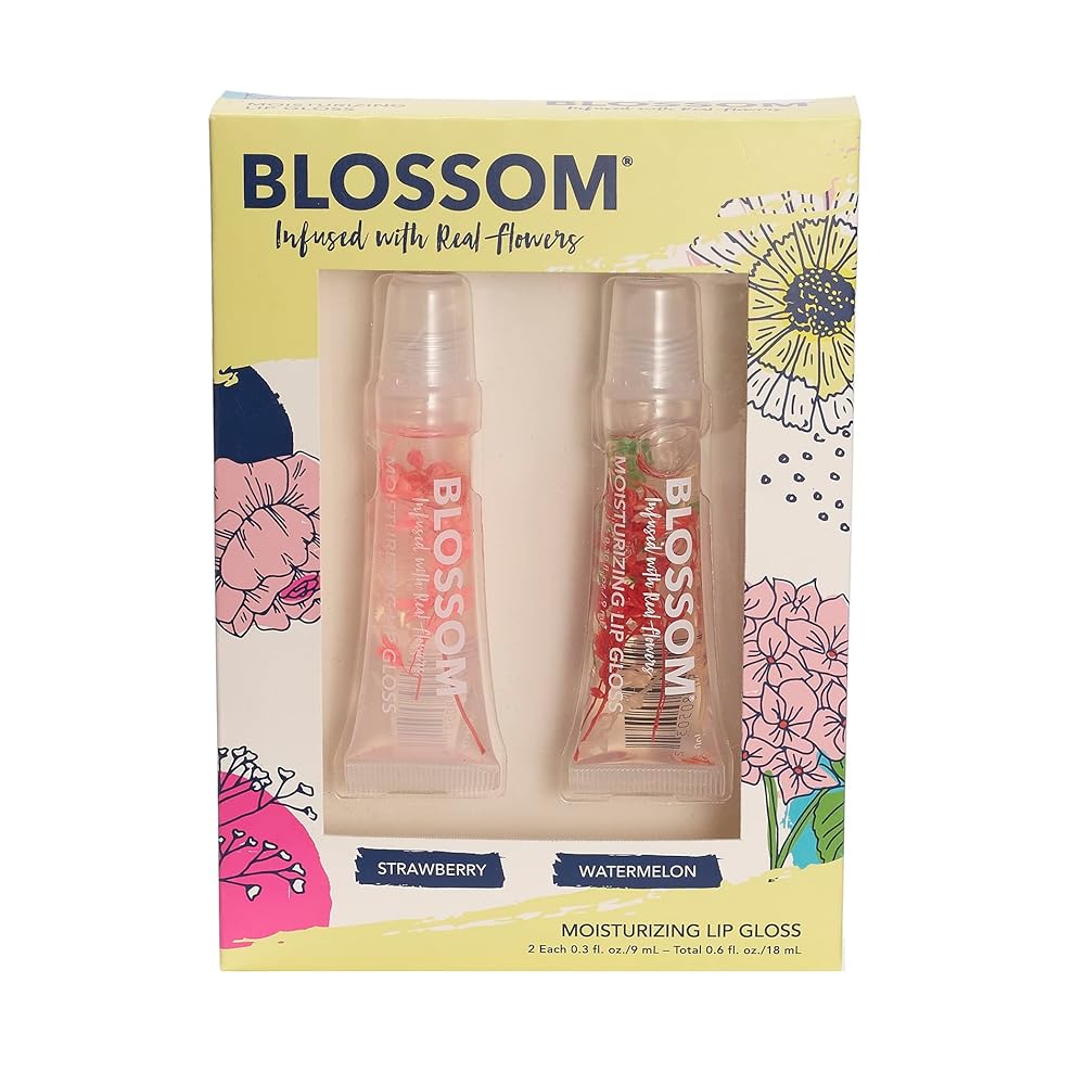 Blossom Scented Moisturizing Lip Gloss Tubes, Infused with Real Flowers, 0.6 fl. oz/18ml, 2 pack Full Size Gift Set, Strawberry/Watermelon
