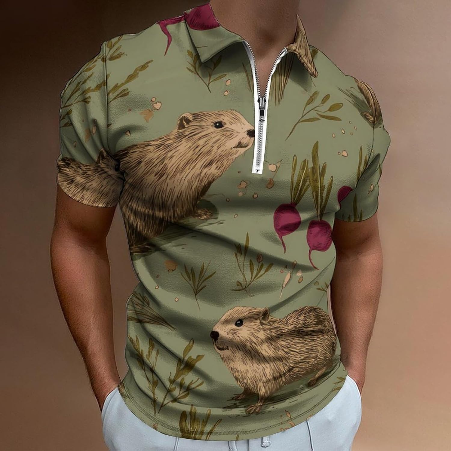 Capybaras Beets Polo Shirts for Men Short Sleeve Athletic Golf Tees Tops | Casual Summer Zippered V Neck Mens T-shirts Sports Quick Dry Tennis