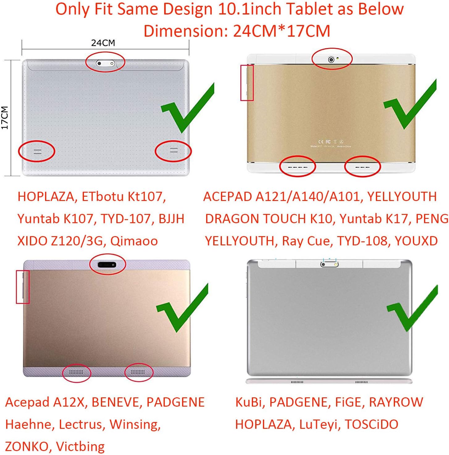 Image showing various 10.1-inch tablets with dimensions 24CM by 17CM, indicating compatibility with the AKNICI case