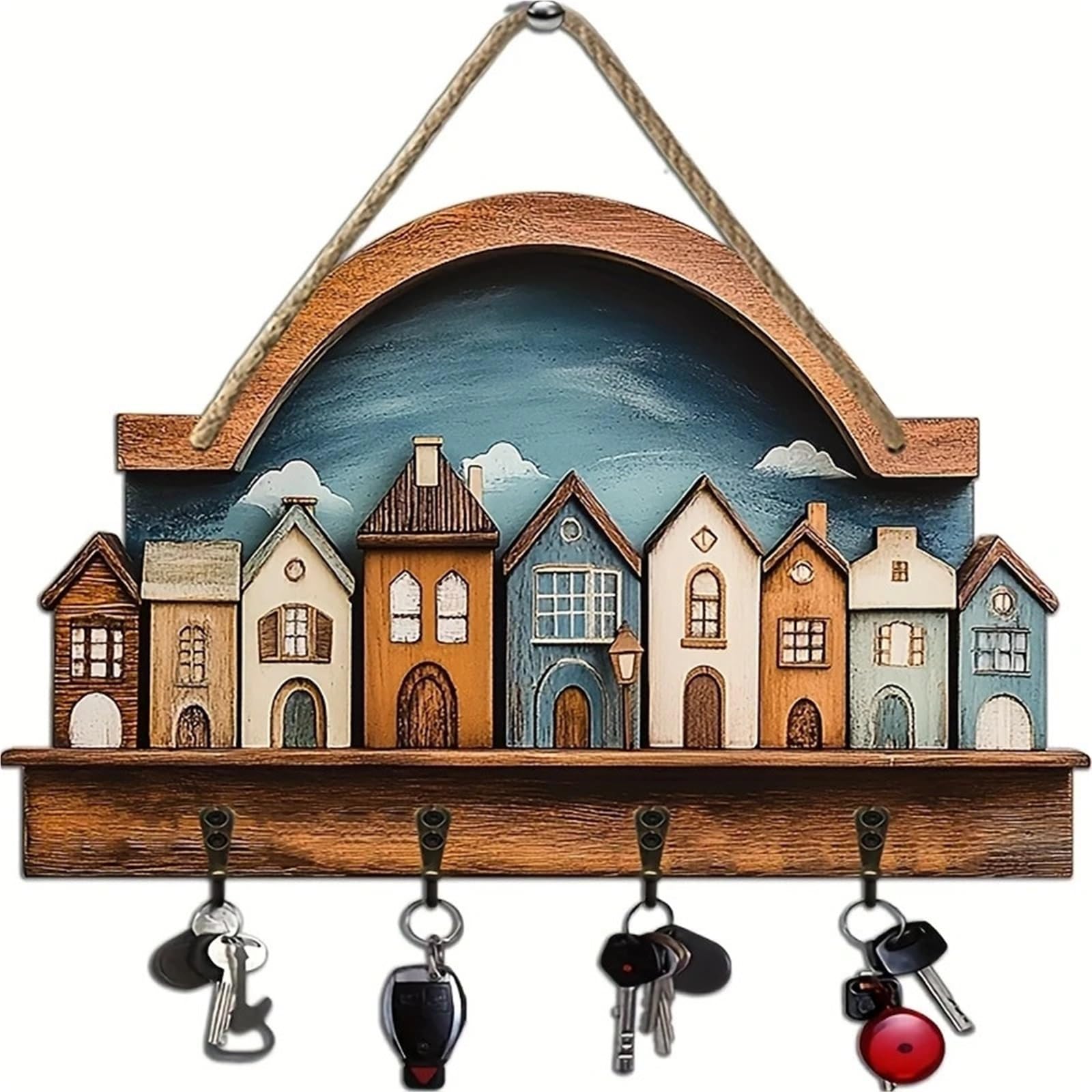 Missffcat 4-Hook Wooden Key Rack – 2D Multifunctional Wall Decoration, Metal Hooks, 11.75x9.85