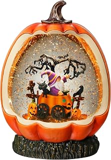 Halloween Pumpkin Snow Globe with Gnome Inside for Halloween Decorations, with Rotating and Lighting Functions，USB or Battery Operated