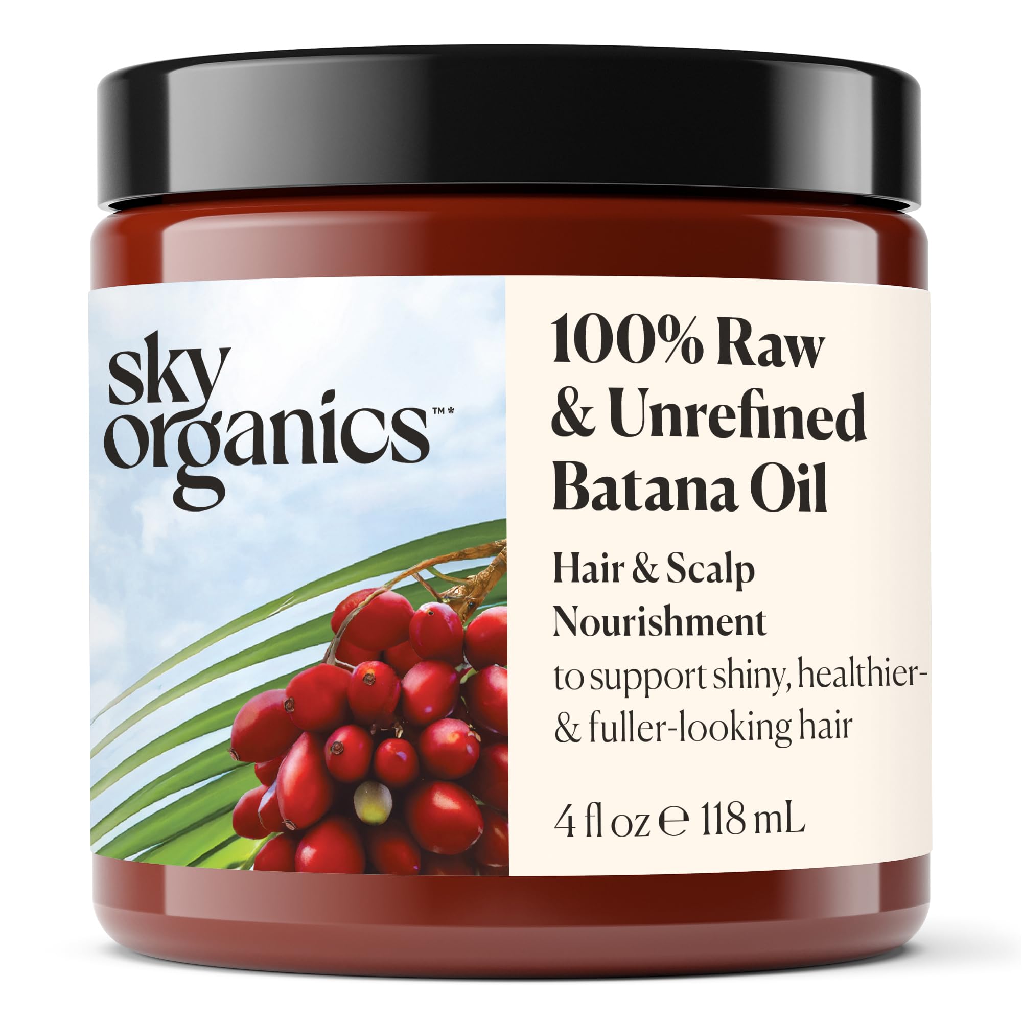 Sky Organics RAW & UNREFINED BATANA OIL, 100% Pure, from Honduras, to Support Scalp & Stronger Fuller-Looking Hair, Intensive Hair Conditioning & Hair Repair Mask, 4 fl oz