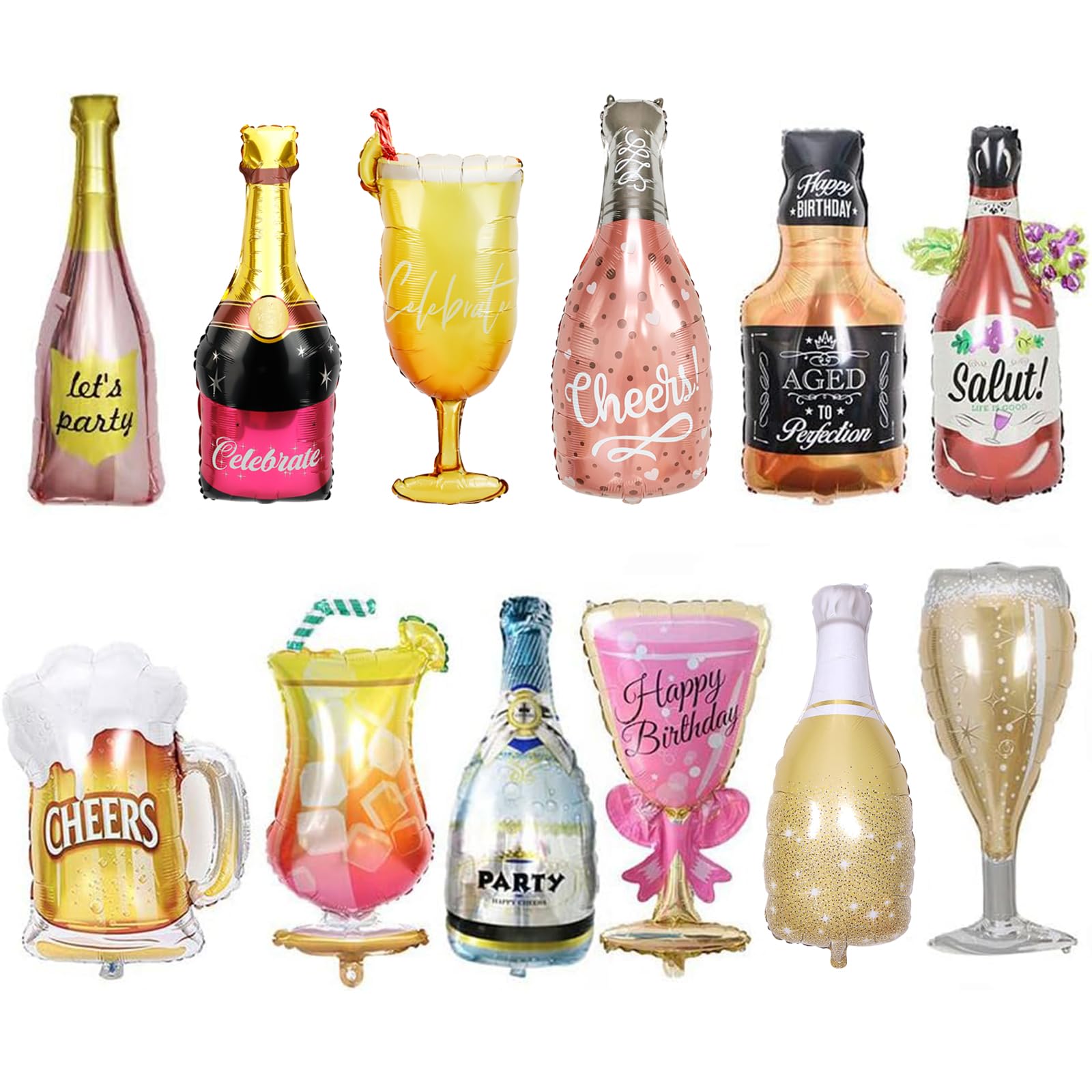 12PCS Aluminum Foil Helium Mylar Balloons, Champagne Bottle Goblet Hydrogen Whiskey Beer Cup Balloons, Multiple Styles Party Decoration Supplies for