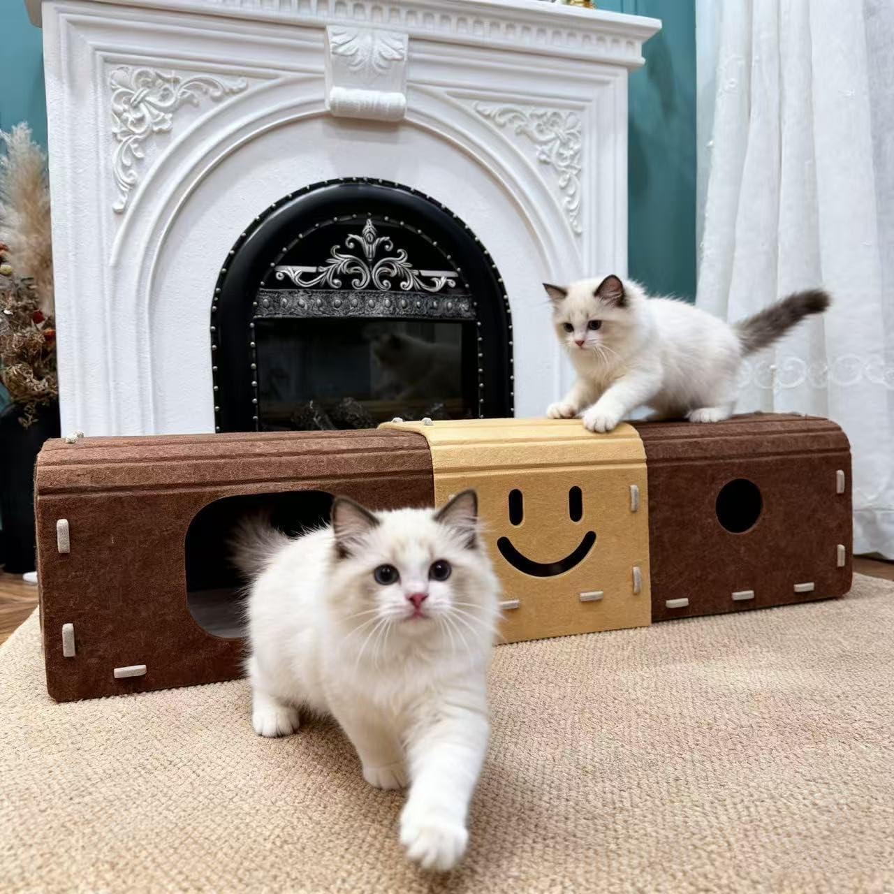 Smiley Face Cat Tunnel Cave - Interactive Peekaboo Cat Hideout with Scratching Pad, Cozy Pet Bed for Indoor Cats & Kittens