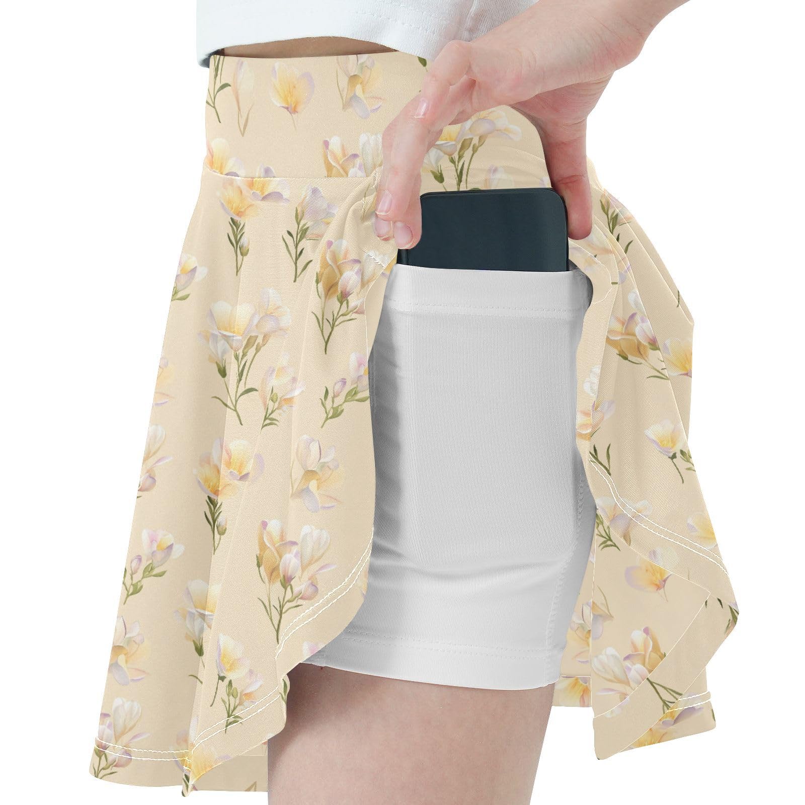 Vintage Floral Flowy Girls Tennis Skirts with Built in Shorts Cheer Skirts with Pockets Little Girls Golf Skirt Beige