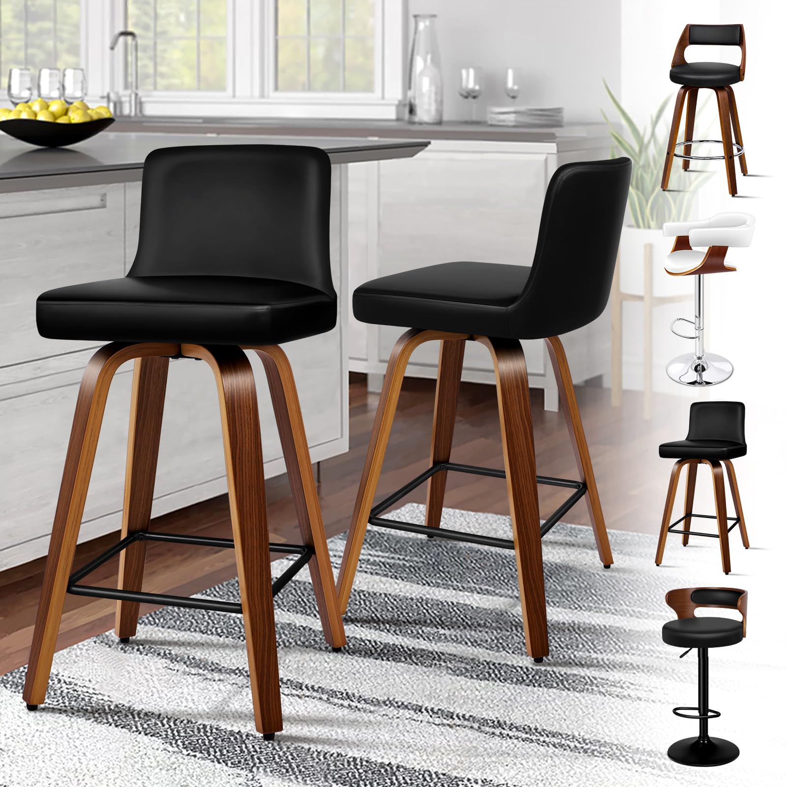 ALFORDSON Bar Stools Set of 2, Thick Padded Barstools, Kitchen Chairs with Backrest and Footrest, for Breakfast Dining Room Countertop, 150KG Loads, PU Leather, Black