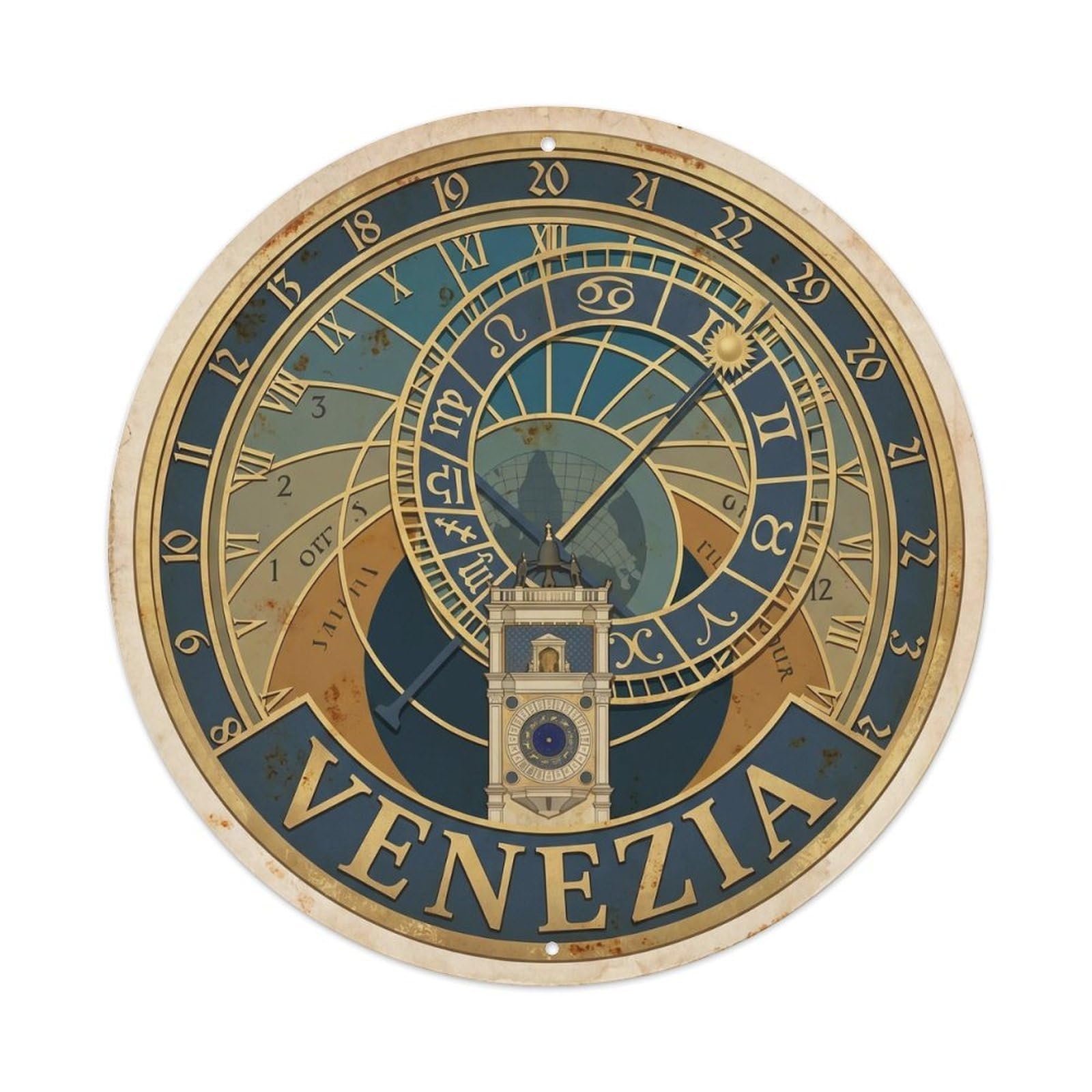 Venice Clock Tower Landmark Italian Piazza Travel Heritage Metal Tin Sign Plaque Wall Decor for Cafe, Man Cave, Club Bar, Office, Home Garden Round Metal Poster 8x8Inch