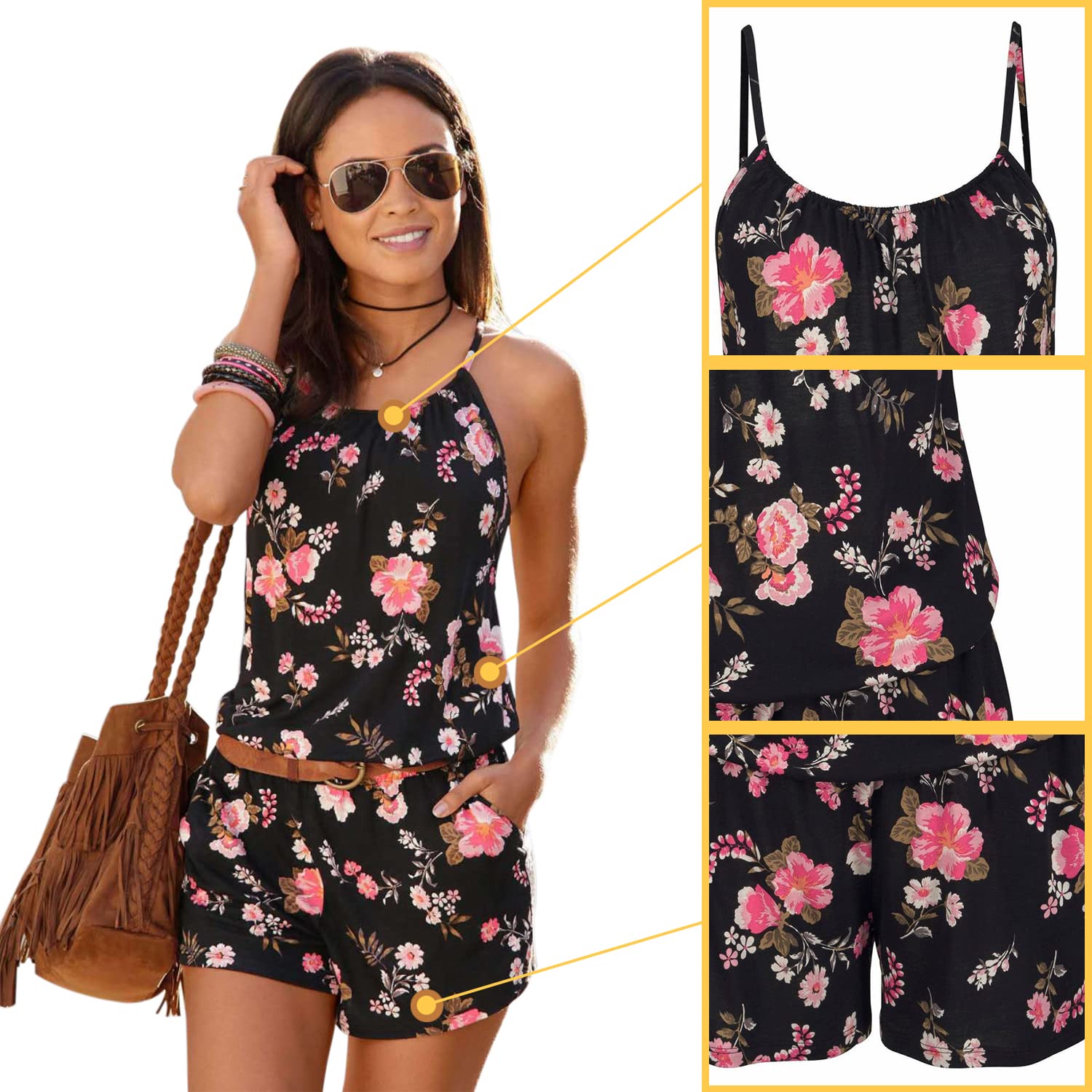 JFAN Été sans Manches Combinaison Femme Floral Imprimer Jumpsuit Fleuri Imprimé Robe Rompers Combishort Casuel Bretelles Floral