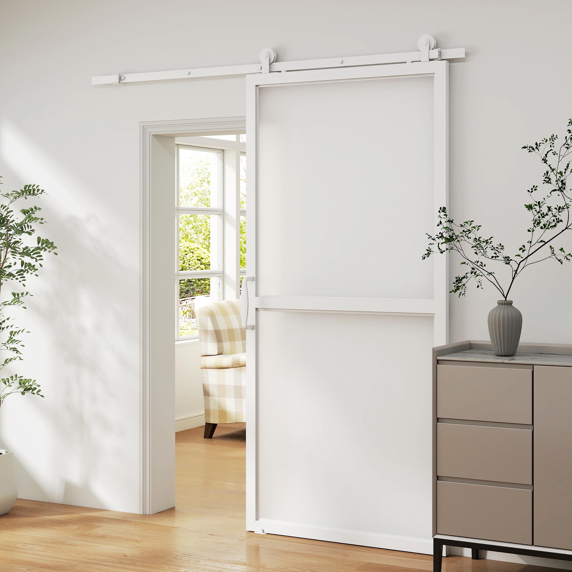HOMCOM Hardware per porte scorrevoli 200 cm, kit di accessori per porta scorrevole con 2 guide in acciaio al carbonio e guida a pavimento, per garage, armadio/guardaroba, bianco