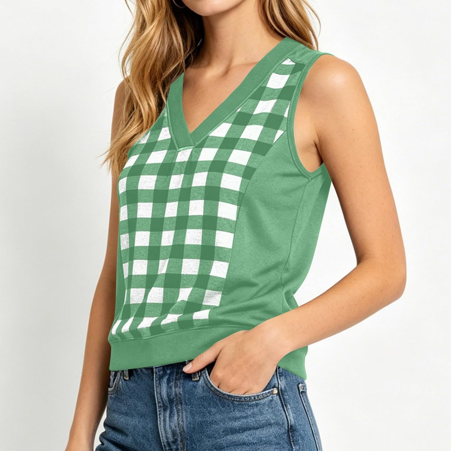 Womens Checked Tank Tops Preppy Vest Casual V Neck Sleeveless Shirt Summer Fashion Gingham Plaid Shirts